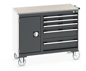 Bott Cubio Mobile Cabinet / Maintenance Trolley measuring 1050mm wide x 525mm deep x 890mm high. Storage comprises of 1 x Cupboard (400mm wide x 600mm high) and 5 x 650mm wide Drawers (2 x 75mm, 1 x 100mm, 1 x 150mm & 1 x 200mm high).... Bott MobileIndustrial Tool Storage Trolleys 1050mm x 525mm